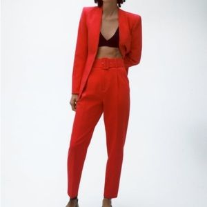 ZARA SUIT SET LAPELLESS BLAZER AND HIGH-WAISTED BELTED PANTS in Bright Red Coral